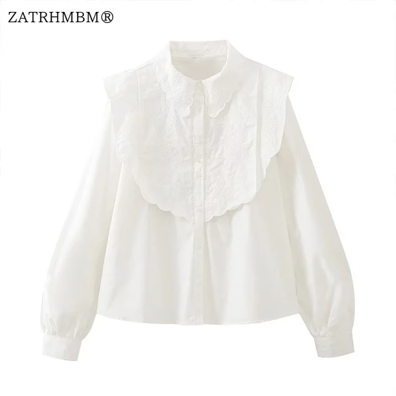 

ZATRHMBM Women 2023 Spring Fashion Embroidered White Blouse Vintage Long Sleeve Button Up Female Shirts Blusas Chic Tops