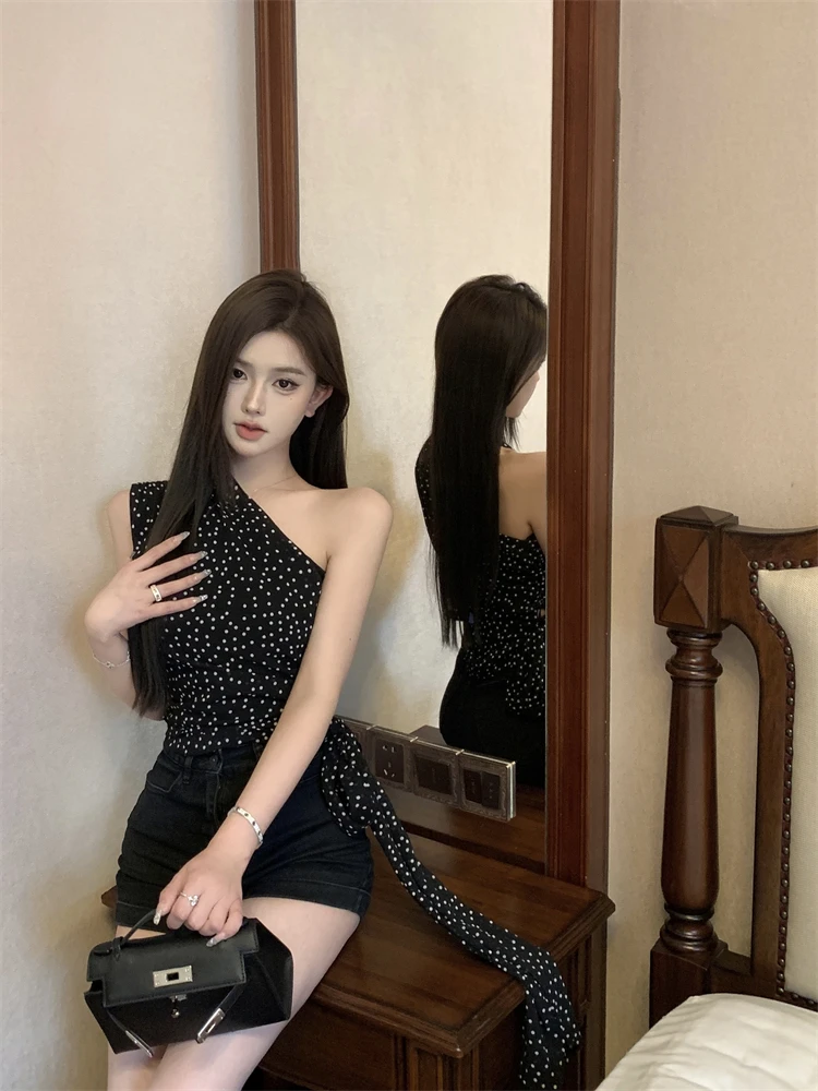 Романтический шикарный топ с открытыми плечами London High Sense черный в горошек Летний