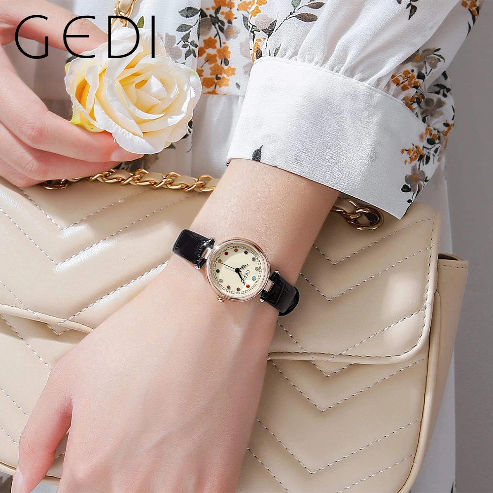 GEDI Elegant Women Watches Leather Strap Color Diamond Scale Waterproof Fashion Ladies Quartz Wriswatch Luxury Woman Clock Gifts