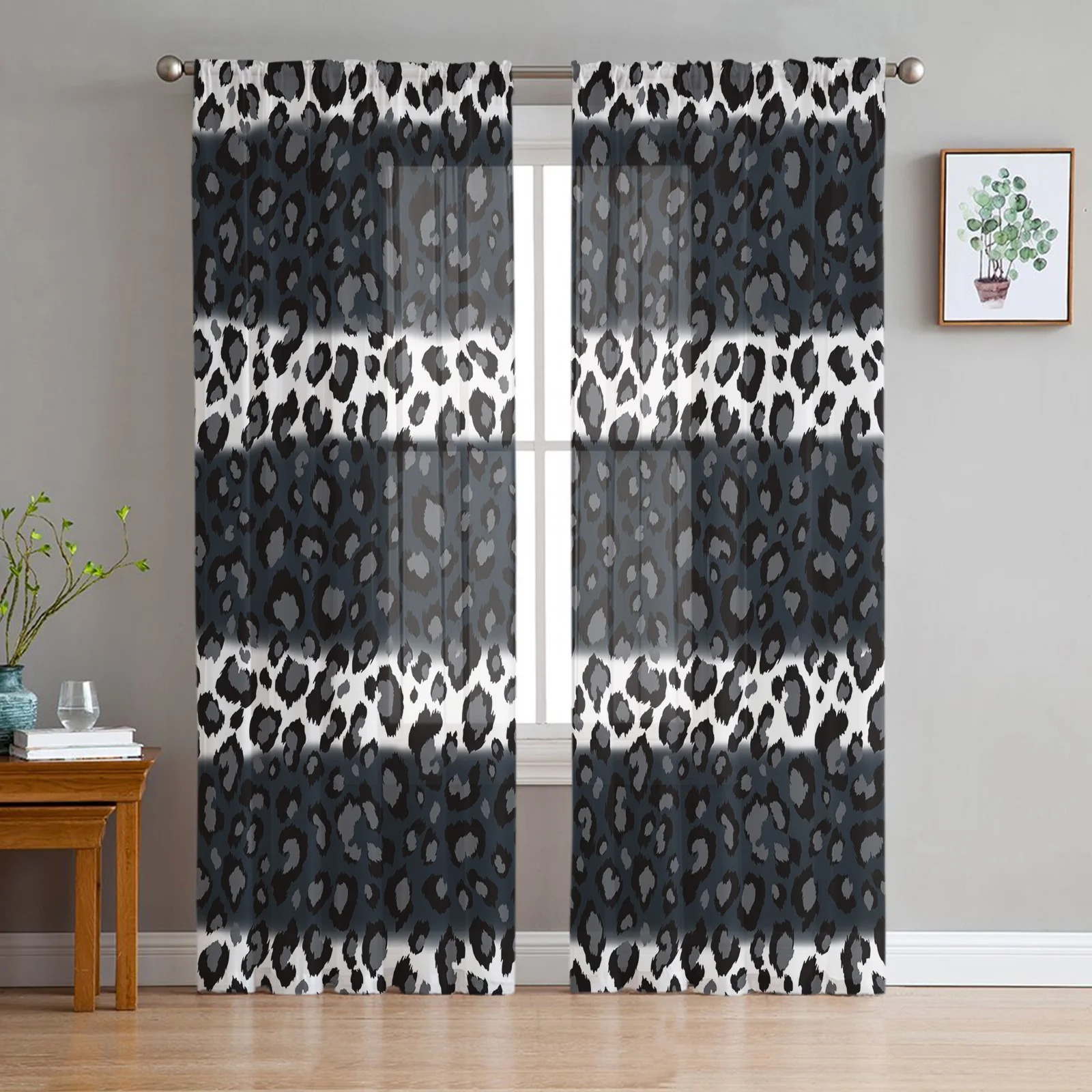

Leopard Print Black White Striped Tulle Curtains for Living Room Bedroom Decor Transparent Chiffon Sheer Voile Window Curtain