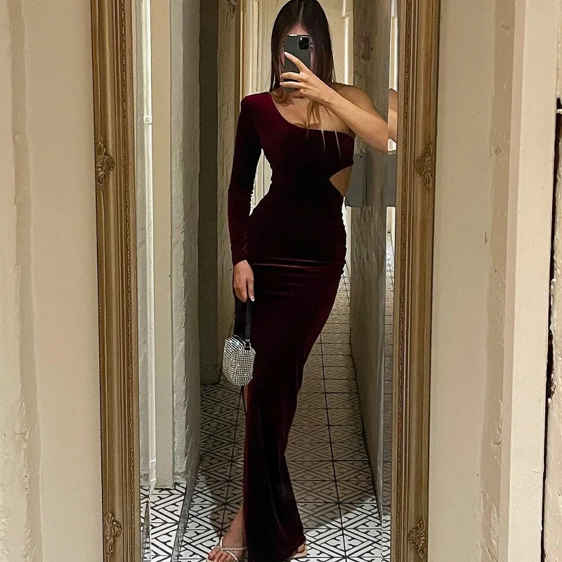 

Fashion Sexy Hollow Out Tight Long Dresses for Women 2022 Spring New Long Sleeve Fork Slim Fit Elegant Birthday Dress for Women