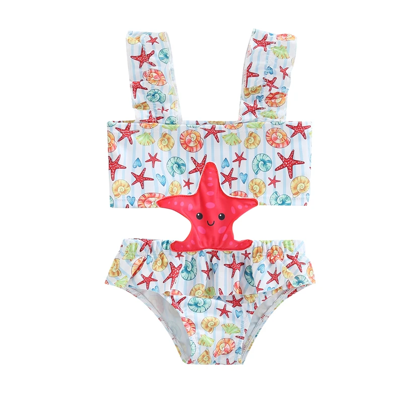 

Baby Girls Summer Swimwear, Sea Snail Starfish Print Square Neck Sleeveless Hollow-Out Swimsuit for Toddlers, 1-6 Years