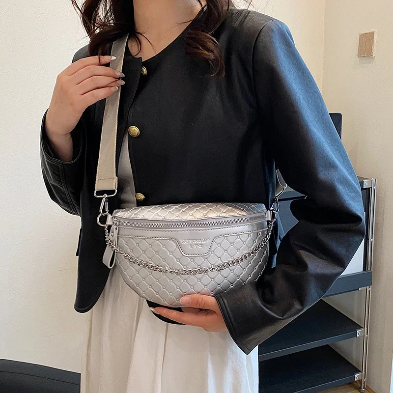 Клетчатая поясная сумка для женщин серебристая сумочка из искусственной кожи