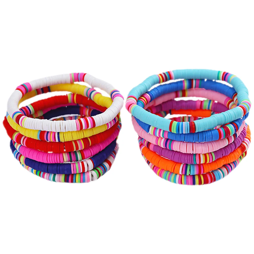 

12 Pcs Charm Bracelets Girls Clay Bohemian Stretch Flat Beads Wrist Jewelry Women's
