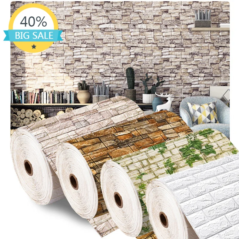 

Waterproof 3D Self-Adhesive Wallpaper 70cm*10m Continuous Imitation Brick Wall Stickers Wallcovering Living Room Home Decoration