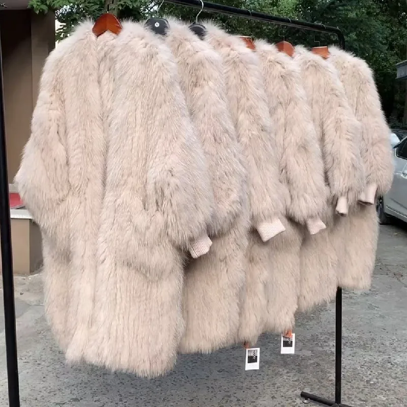 Vintage Real Fox Fur Double Side Knitted Long Coat Women Natural Fue Bat Sleeve Loose Jacket Female Thick Warm Overcoat Milk Tea