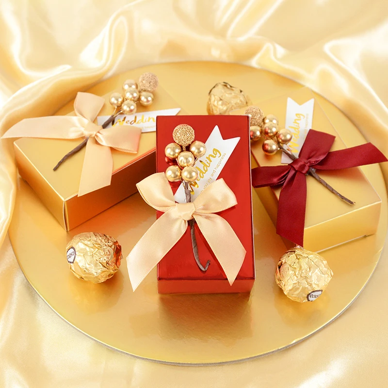 

5Pcs Luxury Gold Rectangle Wedding Candy Box With Berry Ribbon Tag Sweets Chocolate Packaging Box Party Favors Souvenir Gifts