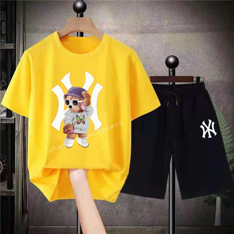 

Женский и мужской комплект из 2 предметов, Однотонная футболка и шорты в стиле оверсайз с мультяшным рисунком медведя