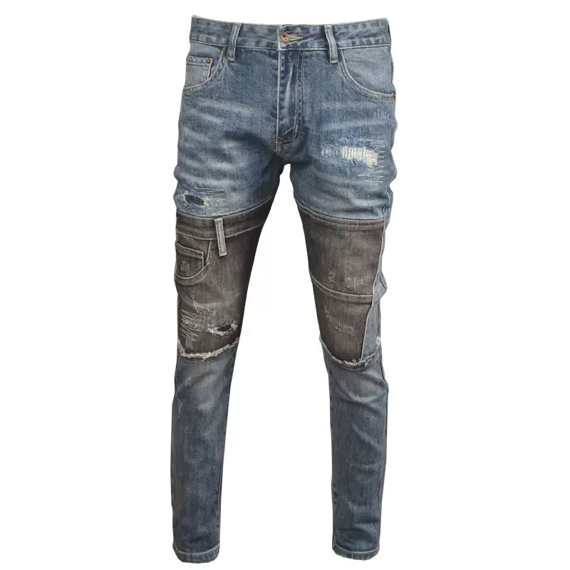 Men Blue Ripped Patchwork Jeans Autumn Streetwear Slim Fit Pencil Pants Fashion Casual Black Patch Denim Trousers CP2026