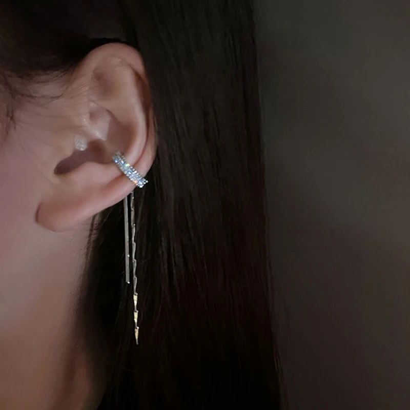 2022 New Fashion Zircon Shining C Shape Long Tassel Ear Cuff No Piercing Earrings Female Design Simple Ear Clip Party Jewelry images - 6