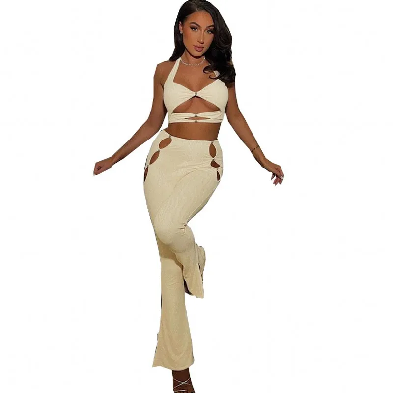 

Two Piece Crop Tops Set Women Camis Tank And High Waist Pant Suits Sets Fashion New Hollow Street Style Sexy Outfits 2022 Summer