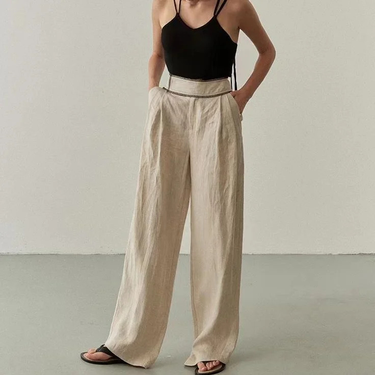 2023 Spring and Summer New Swedish Minimalist Style Full Linen Waist Seam Straight-leg Casual Wide-leg Pants