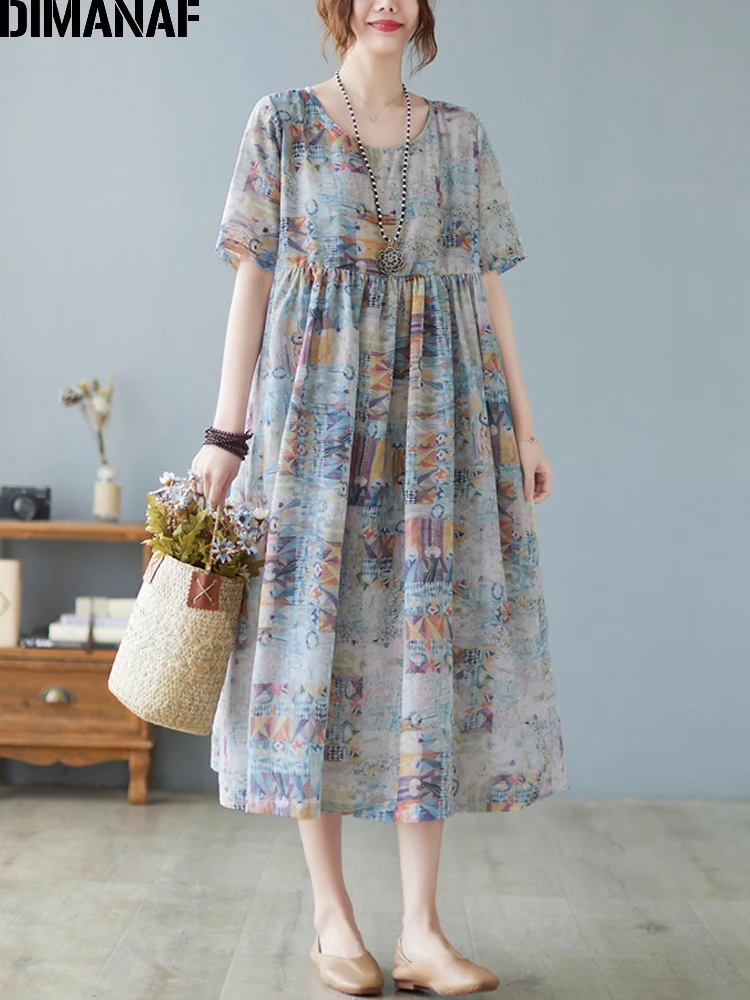 

DIMANAF 2022 Women Summer Beach Dress Bohemian Vintage Loose Oversized Sundress Floral Printing Cotton Vestidos Lady Long Dress