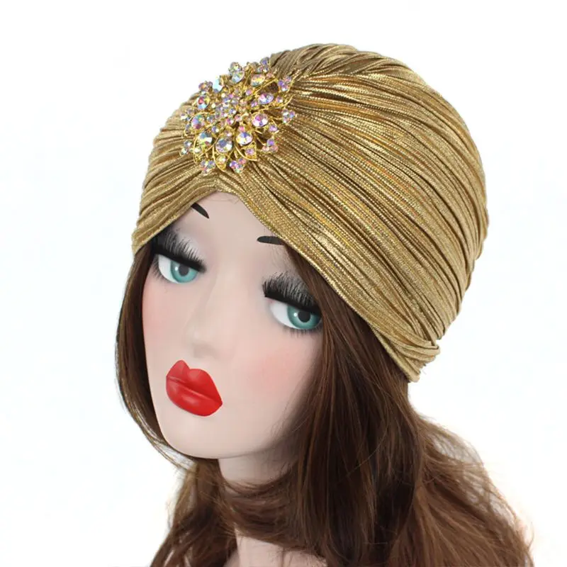 Women Indian Turban Hat Head Wrap Pleated Soft Velvet Hair Hijab Cap with Brooch