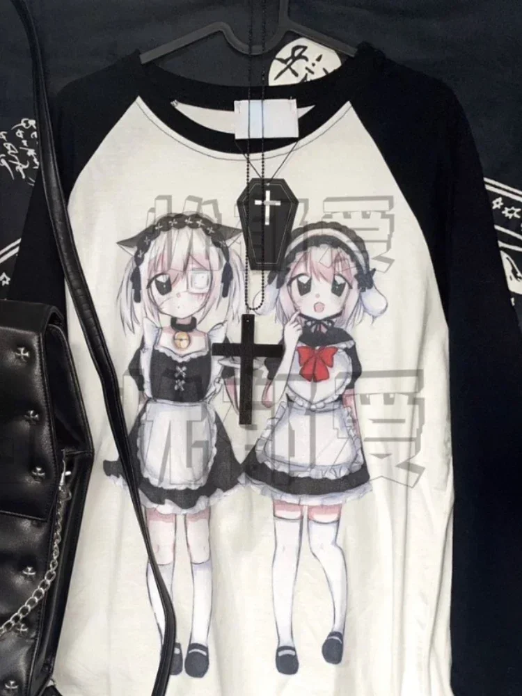 markii Grunge Tee Shirts Y2k Estetyczna koszulka z długim rękawem Kobiety Gothic Letter Cartoon Print Loose Graphic T Shirt Harajuku Fairy Tops