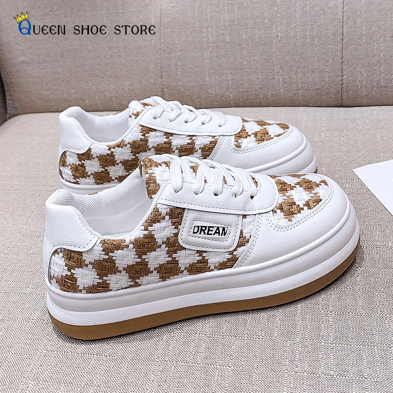 Checkerboard Plaid Casual Shoes Women's 2022 Spring Korean Version Of The New Thick-soled Lace-up Round Toe White Shoes