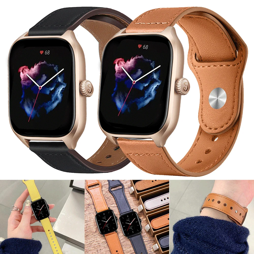 Фото Ремешок кожаный для смарт-часов Amazfit GTS 4/3/2/2e Mini/GTR 4 3 pro 47 мм/stratos 3, браслет для Amazfit Bip S/U/Lite/probands, 20 мм 22 мм №1