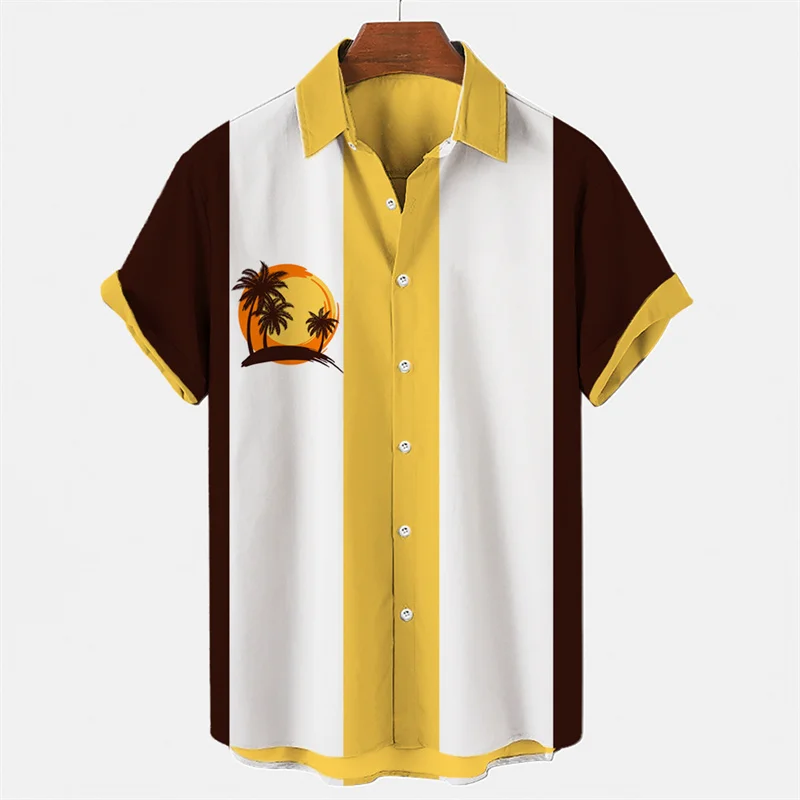 

Гавайская Мужская рубашка с принтом пальмы, Повседневная футболка с лацканами, однобортная футболка с коротким рукавом, мужская летняя одежда