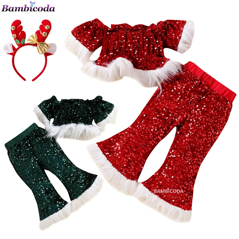 

2023 Baby Girls Christmas Santa Claus Costume Kids Cosplay Red Green Children Dress Up Clothes with Headband Carnival Party Gift
