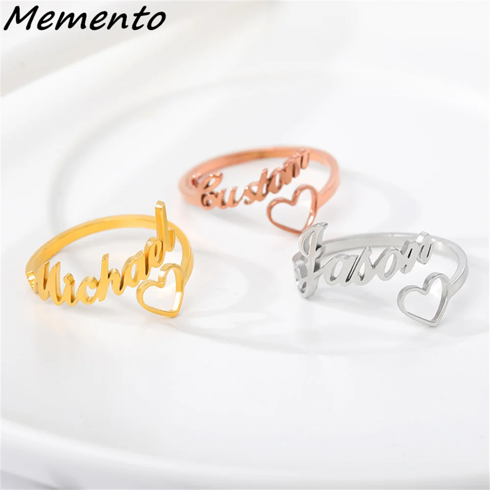 

Memento Custom Heart Name Rings Personalized Stainless Steel Couple Gold Nameplate Rings For Jewelry Women Anniversary Gift