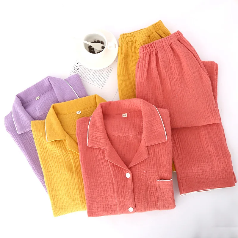 Solid Color Breathable Pajamas Set For Women 100% Washed Crepe Cotton Pyjamas Thin Spring Summer Homewear Sleepwear Loungewear