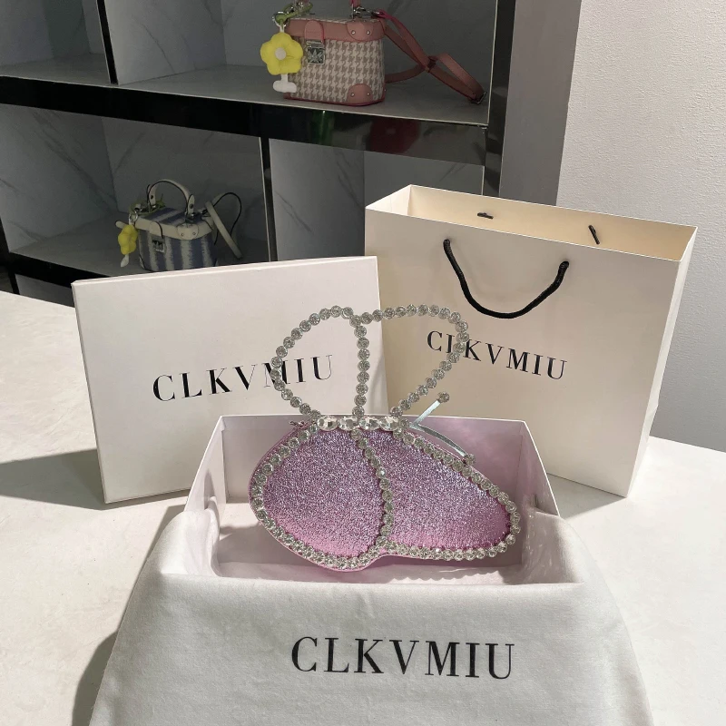 

Luxury Designer Crystal Clutch Evening Bag Bling Purse Pink Rhinestone Diamond-Studded Butterfly Handbag Women Wedding Bag