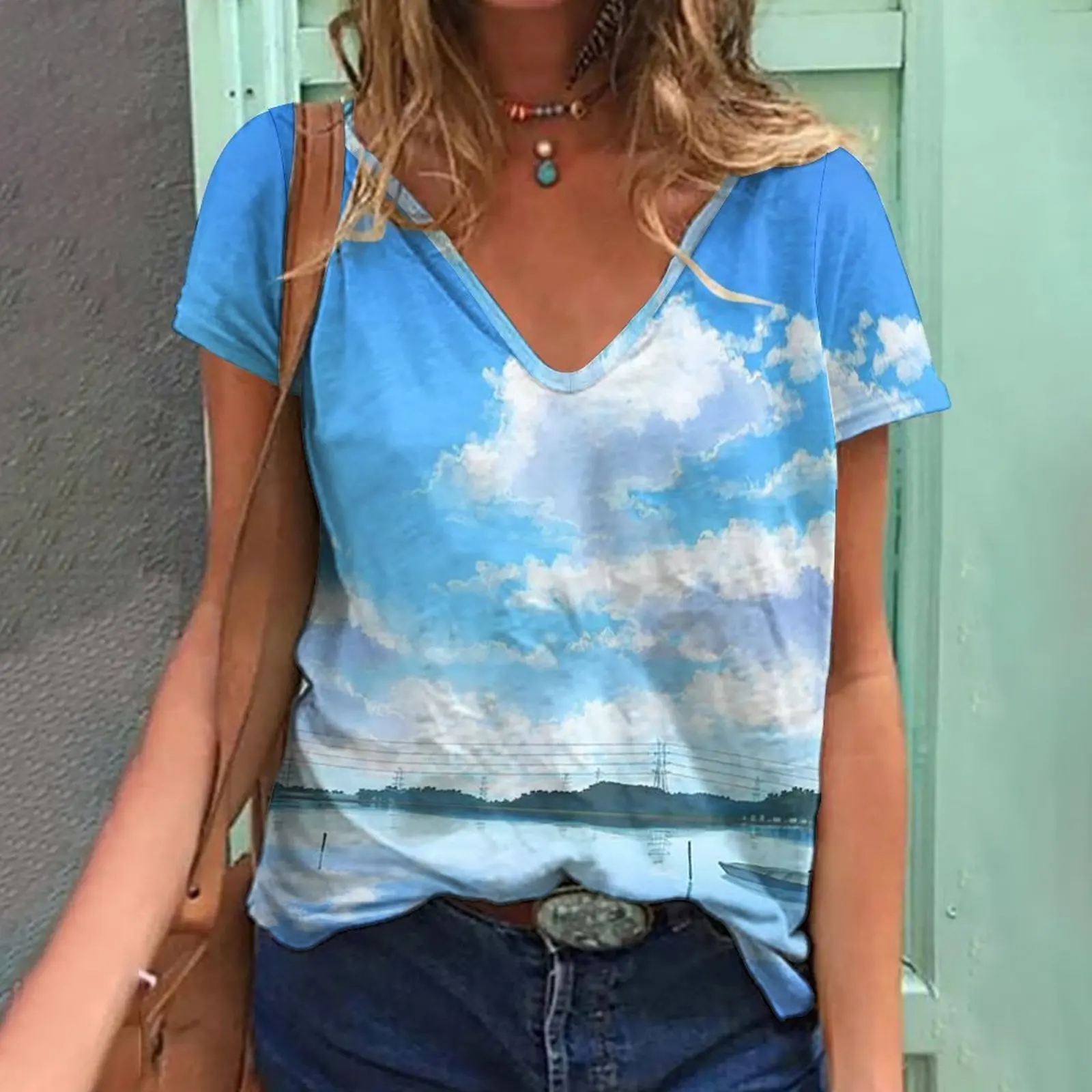 

Women Summer Fashion Floral Plants Theme Tops Female Butterfly Print V Neck Basic T-shirt Rainbow / 3D Print Plus Size Pullover