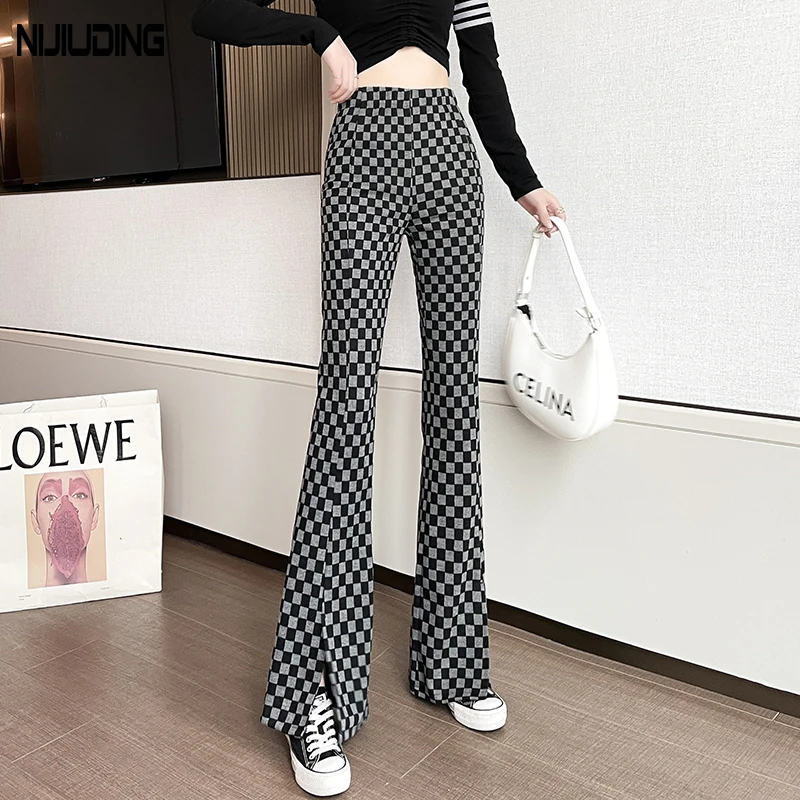 

2022 весенние повседневные женские расклешенные брюки в стиле ретро с разрезом, высокая талия, клетчатая сетка, эластичные женские трикотажн...