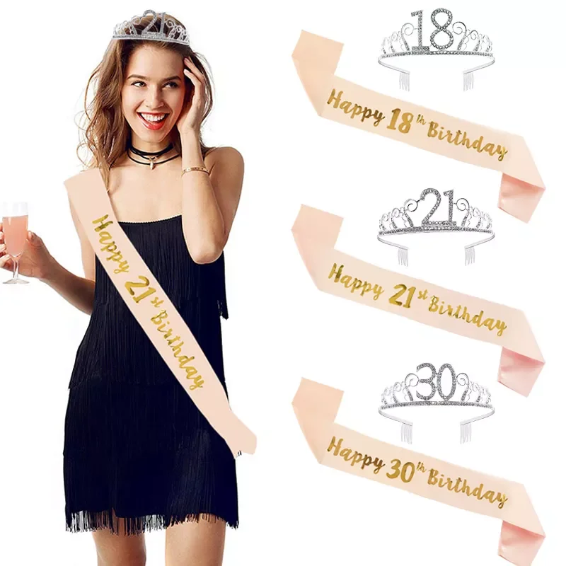 

NEW2022 Happy Birthday 18th 30th 40th 50th Rose Gold Satin Sash Crystal Crown Tiara Adult Birthday Party Decoration Anniversary