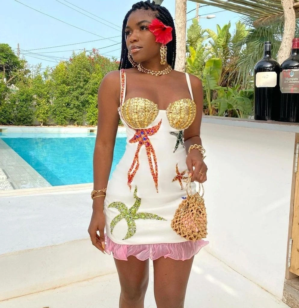 

Women Summer Sexy Sleeveless Backless White Sequins Glitter Beading Mini Bodycon Dress 2022 Designer Evening Party Dress Vestido