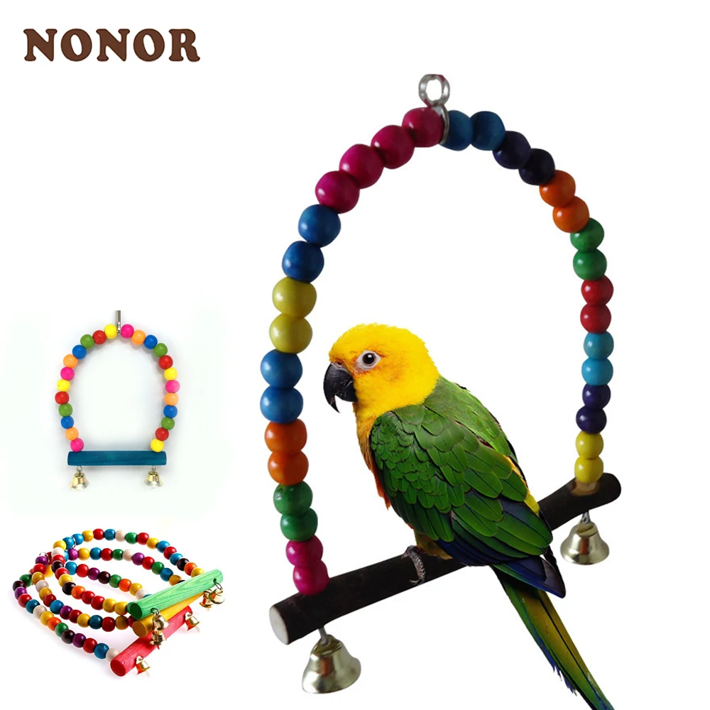 

NONOR Parrot Rope Hanging Swing Rodent Bird Bells Cage Cockatiel Toy Natural Wooden Colorful Beads Bird Supplies for Pets 10cm