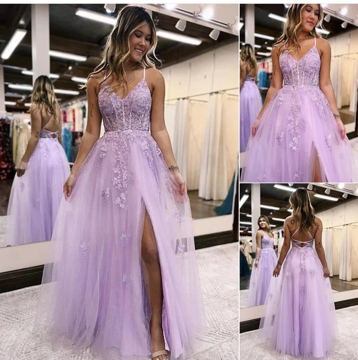 

Purple Tulle A Line Evening Gown Formal Graduation Dresses Spaghetti Strap V Neck Formal Party Prom Dresses