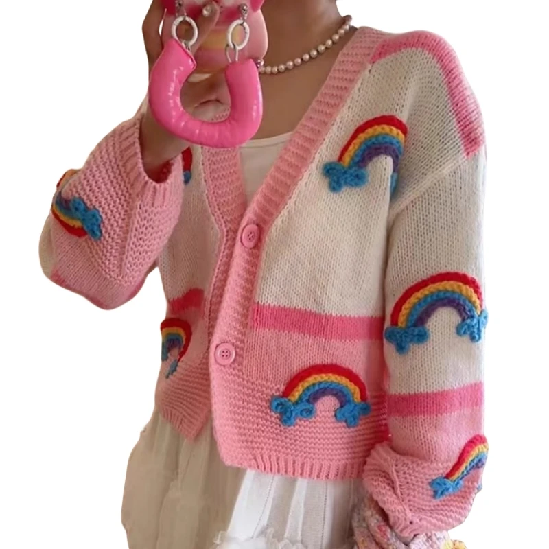

Qiukichonson Mori Girl Style Lolita Rainbow Sweater Cardigan Knit Women Autumn Winter V-Neck Cardigan Coat Gardigan pull femme