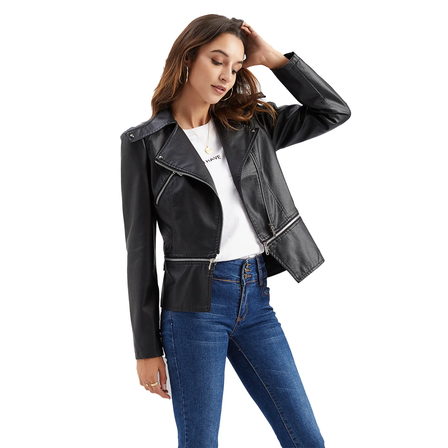 New Spring Thin Leather Jacket Black Detachable Long Sleeve Coat Turn-down Collar Outwear Casual Top High Street Biker Jacket