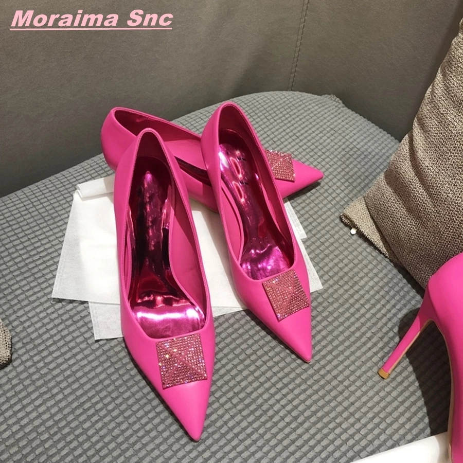 Rosered Rhinestone Glitter Women Fashion Summer Pumps Square Buckle Pointed Toe Solid Luxury Slip On SexyStiletto  Heel Shoes