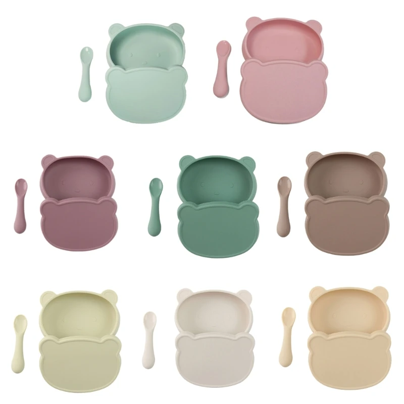 

Self Feeding Bowl Silicone Spoon Toddler Dinner Plate Kid First Stage Bite Set