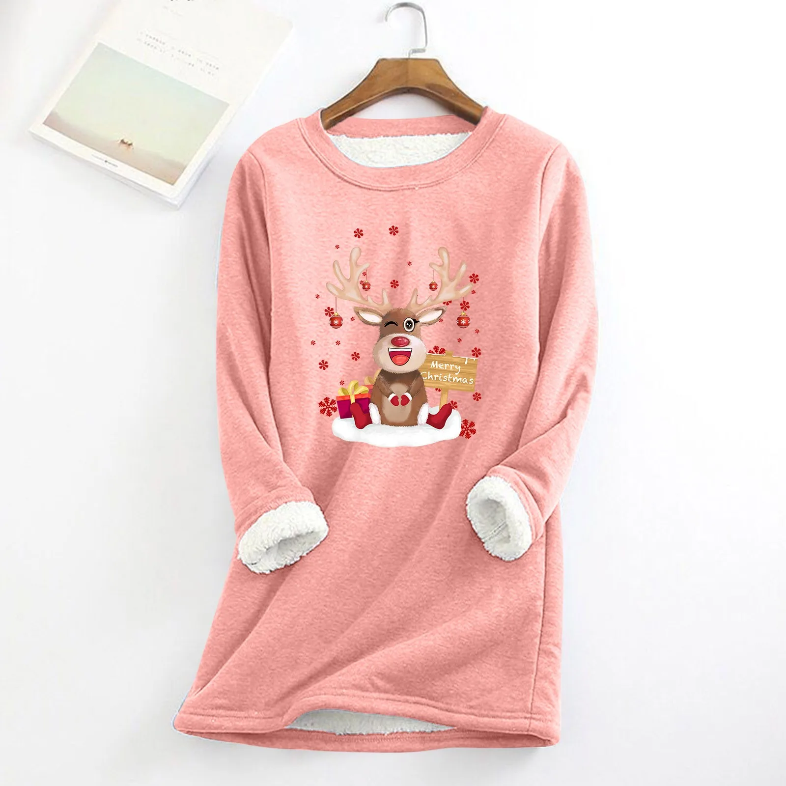 

Женская Толстая флисовая толстовка с рождественским принтом, теплое нижнее белье с круглым вырезом, топы, женские футболки и топы