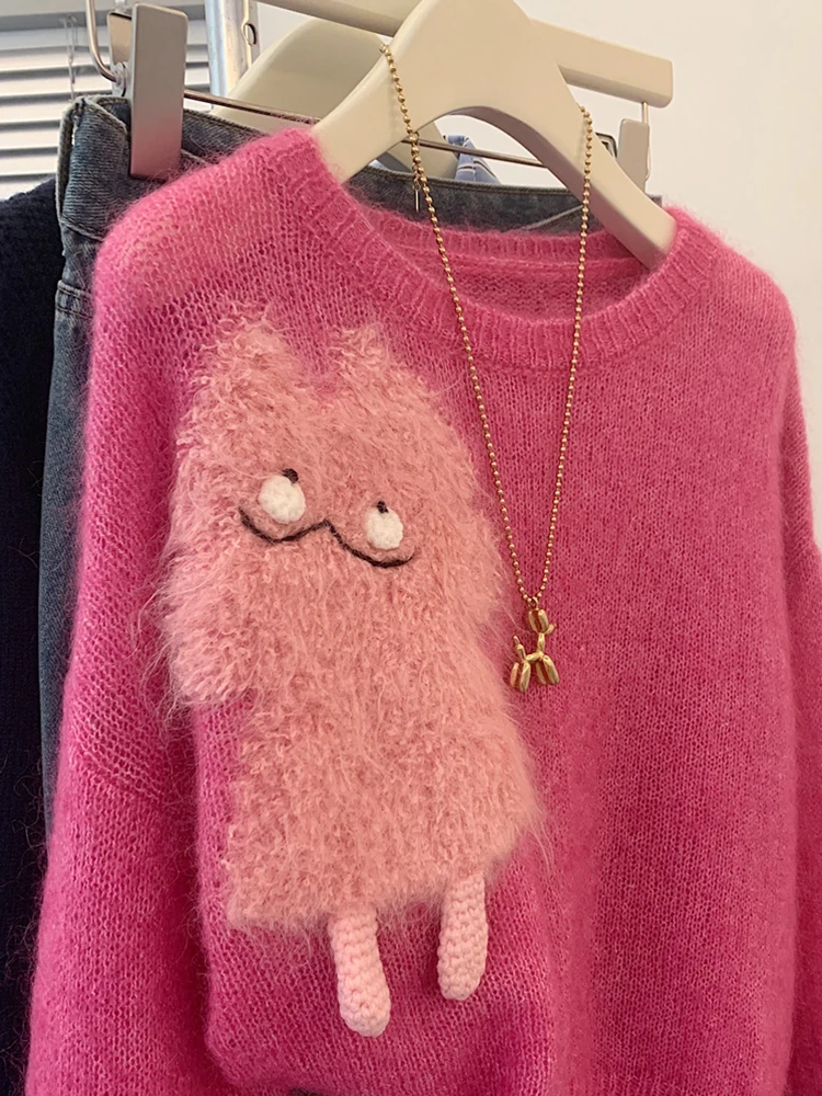 Нежный ветер малиновый розовый пуловер женский свитер на осень и зиму 2024 новая