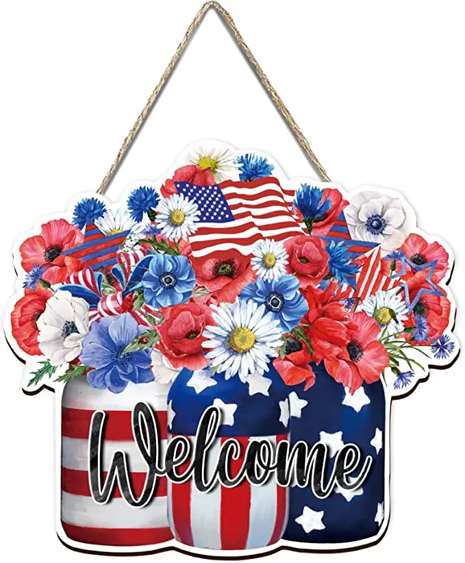 1PCS Fourth Of July Decoration Wooden Welcome Door Sign Patriotic Wall Decoration Red White And Wine Decorations for Living Room