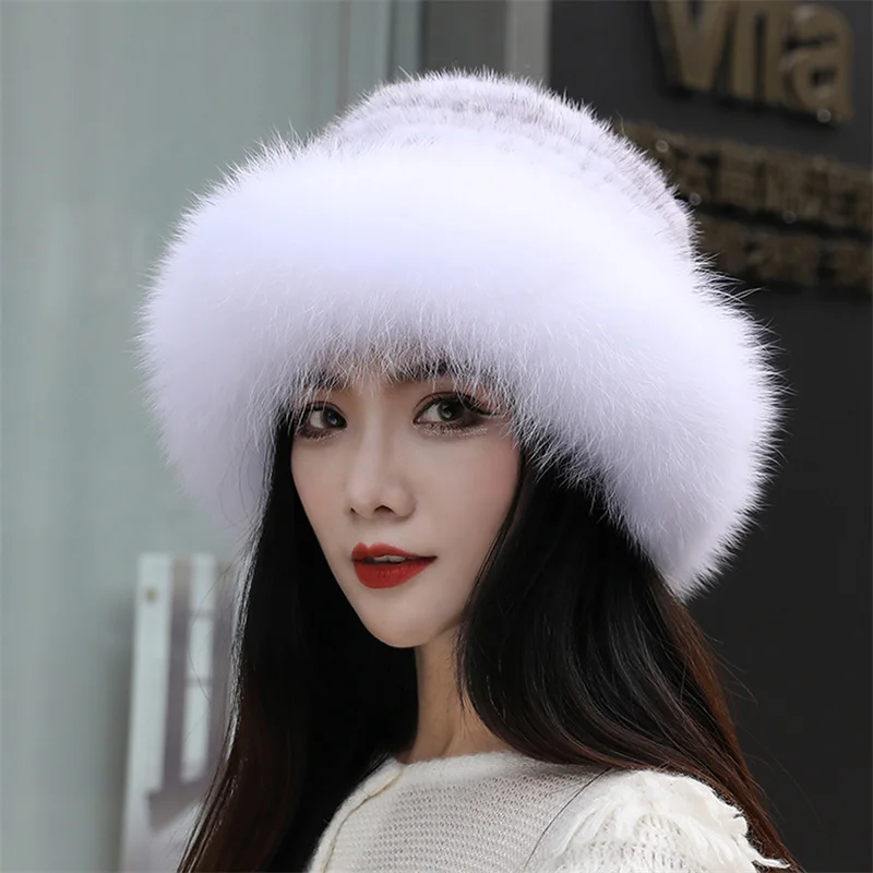 Women's Winter Luxury Knitted Real Mink Bomber Hat Fashion Premium Natural Warm Fox Fur Hat Girl Quality Soft 100% Real Mink Hat