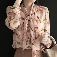 Spring Autumn New Floral Chiffon Shirt Loose Top Women's Long-sleeved Scarf Collar Lace Up Bow Blouse S-5XL
