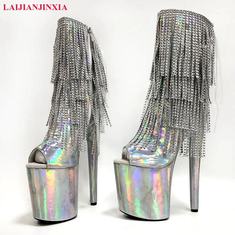 

Laser Silver Platform Boots 20cm Pole Dance Shoes Rhinestone Fringe Stripper Heels Nightclub Exotic Peep Toe Bride Models Show