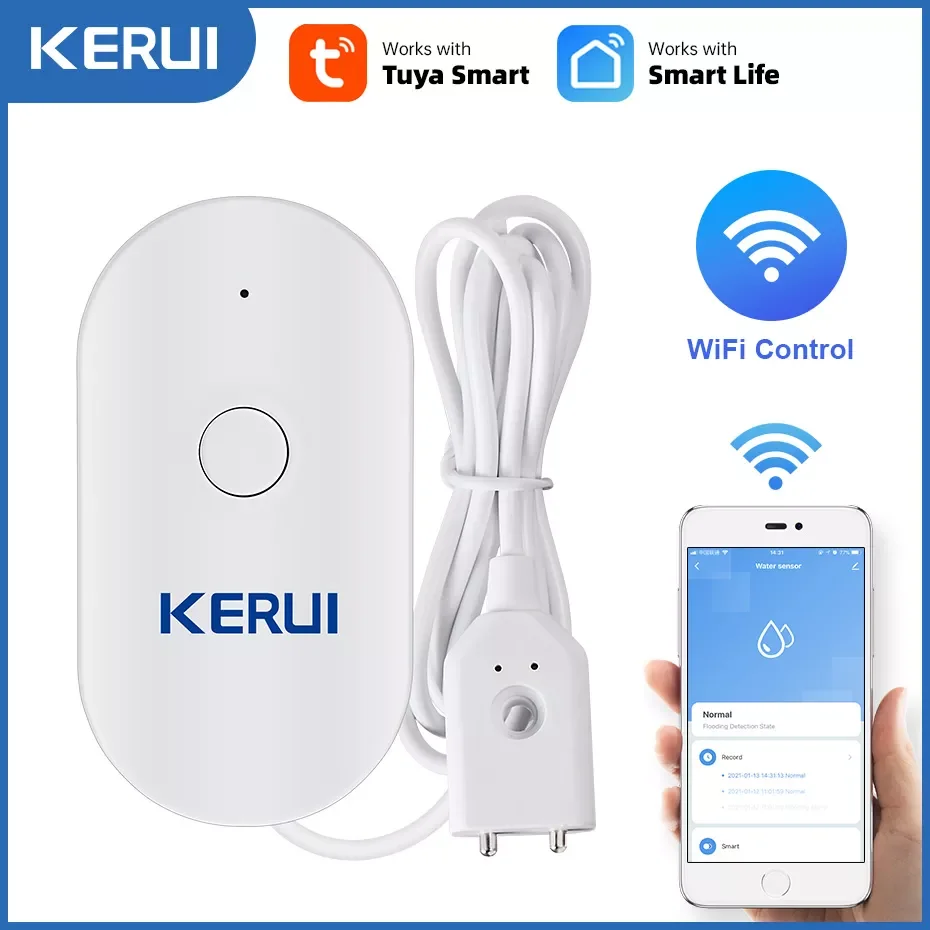 

KERUI WiFi Water Sensor Smart Home Kitchen Water Leak Detector Tuya APP Monitoring of Leaks Phone Notification Security Alarm