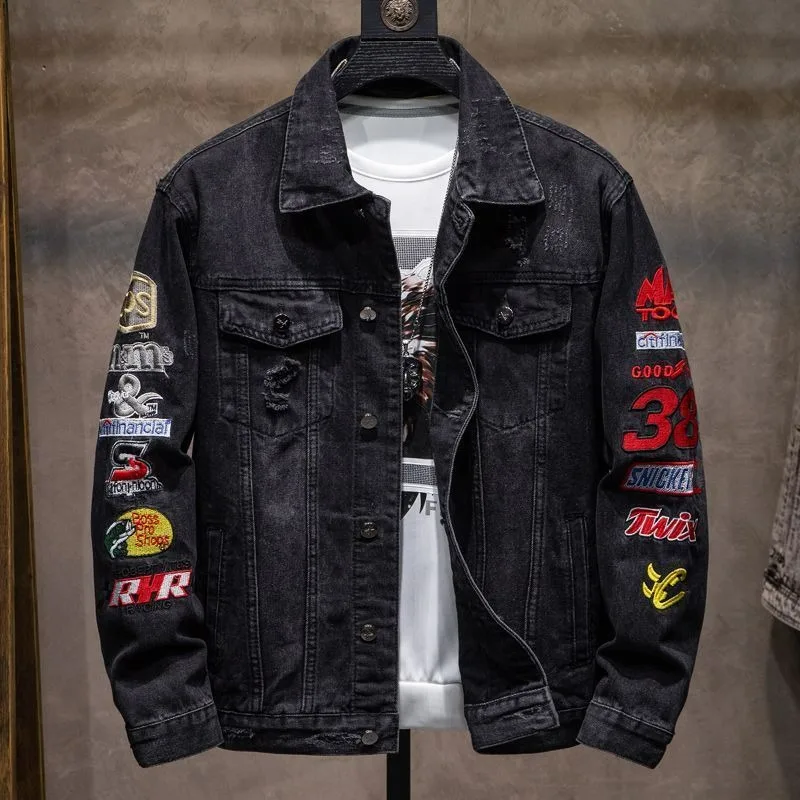 

Fashion Men's Embroidered Cotton Denim Jacket with Holes and Badges Streetwear Korean Fashion Motorcycle Bomber Baseball Jacket