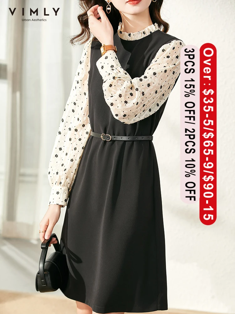 

VIMLY Spring Dress For Women Flower Printed Elegant Shirt Dress A-line Office Lady Black Dress With Belt Clothes Vestidos V1371
