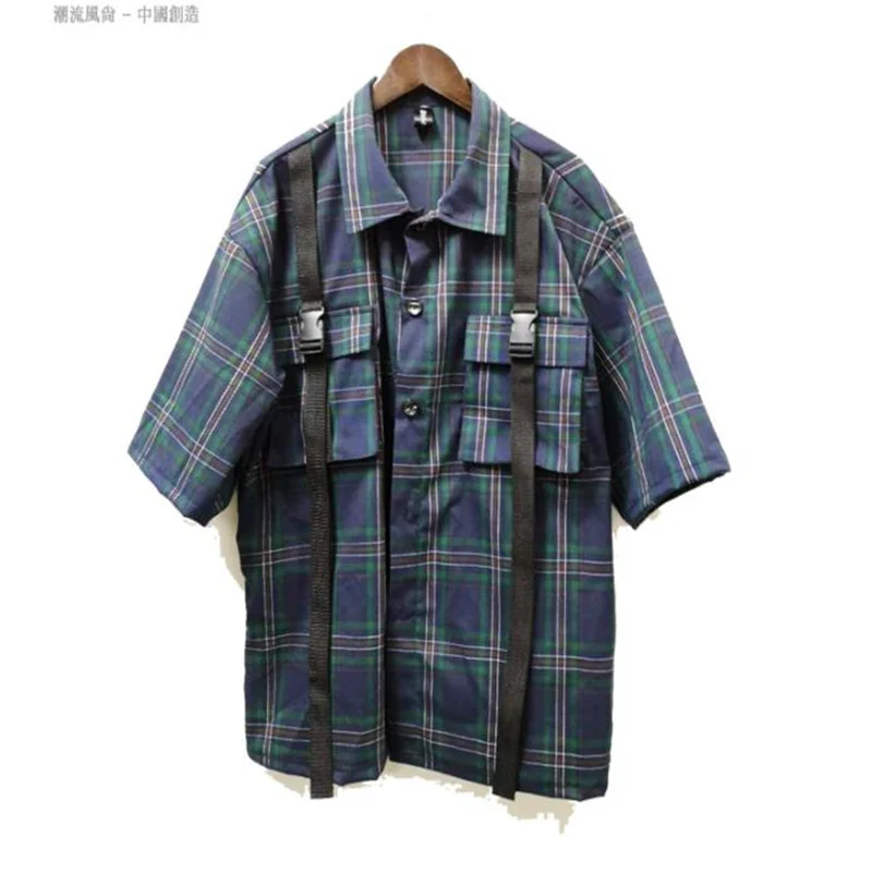 Man shirt men singer personality Loose tooling shirts Hip hop lattice short sleeve shirt men stage homme summer b674