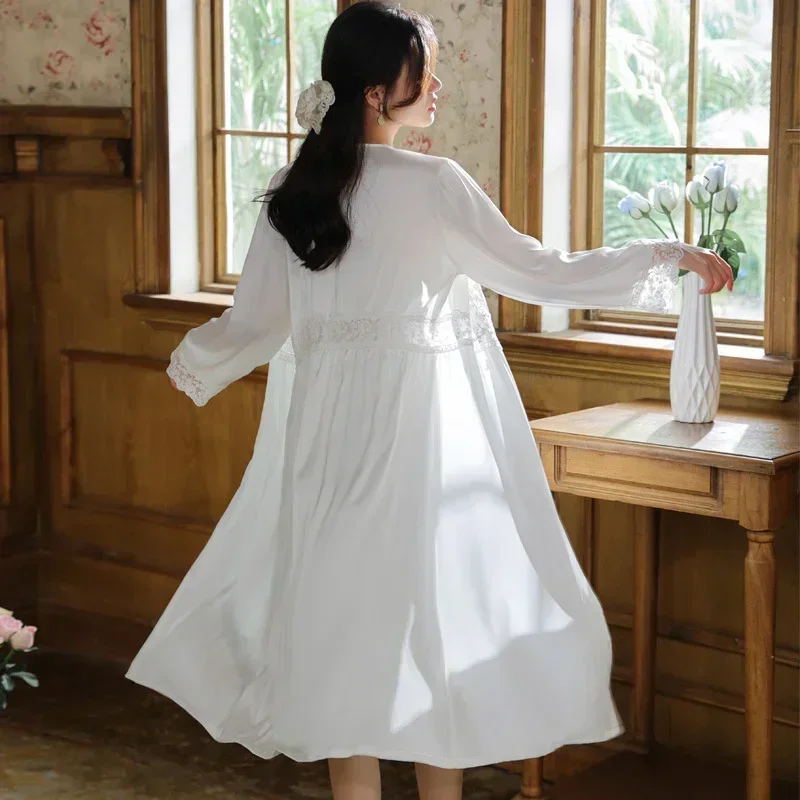 Белая вышитая кружевная одежда для сна с длинными рукавами женская фея