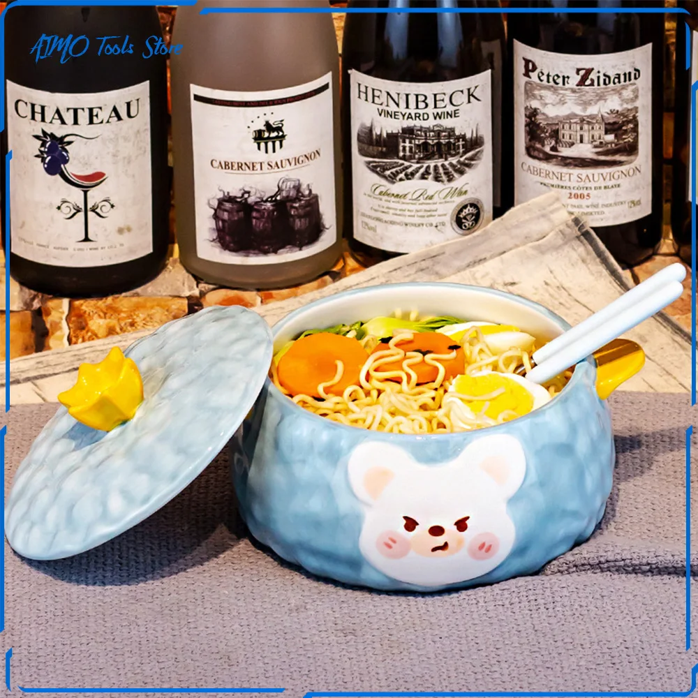 

Большая миска для лапши быстрого приготовления с крышкой, мультяшный набор столовых приборов для студентов, миска для фруктов и салата большой емкости, японская керамическая миска, столовая посуда