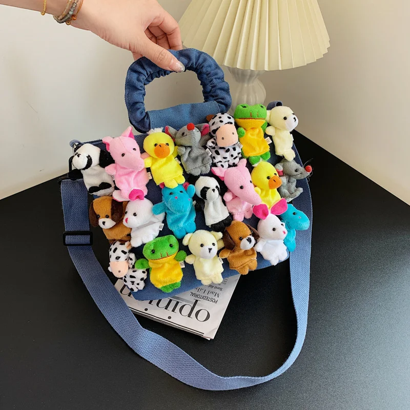 

Women Denim Bucket Cartoon Toy Decoration Handbags and Purses for Female Cute Dolls Design Shoulder Bags Crossbody Bags