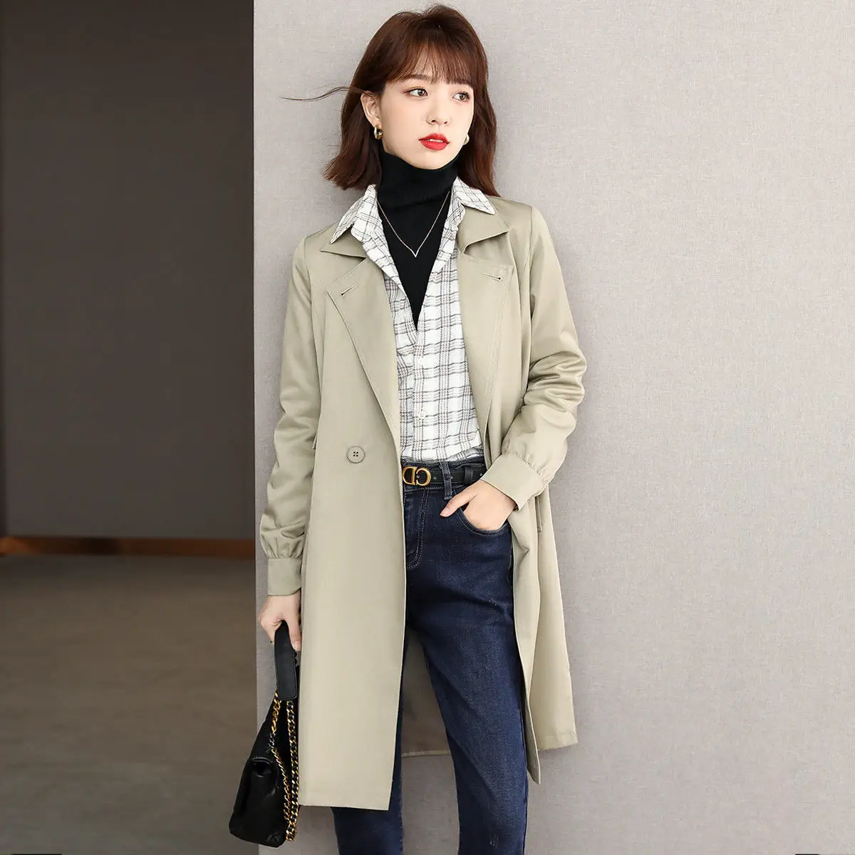 

Spring and Autumn 2022 Women's Single Button Turn Down Collar Jackets Female British Style Loose Mid-length Trench Coats Z73